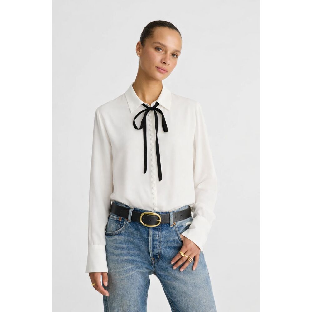 Madewell Silk-Like Necktie Button-Up Top S Winter White Velvet Bow Coquette